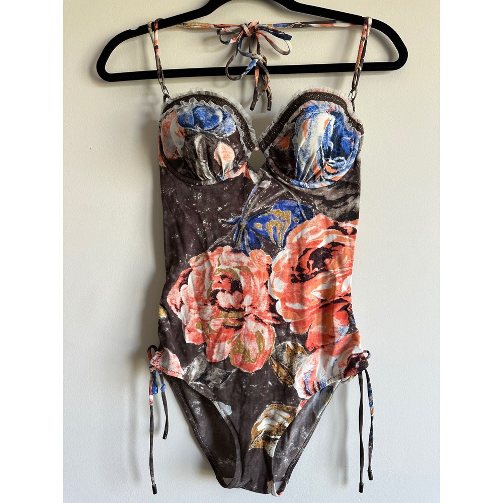 SHAN Floral Underwire One Piece Swimsuit Brown Lace Trim Halter Size 8 40 10